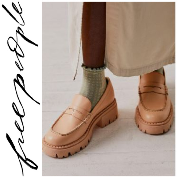 NEW Free People Lyra Lug Sole Tan Leather Loafers Chunky Platform Sz 39 NWOB - Picture 1 of 11